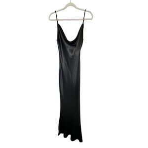Elegant Black Satin Slip Dress Evening Gown Maxi Length Cocktail Party Formal